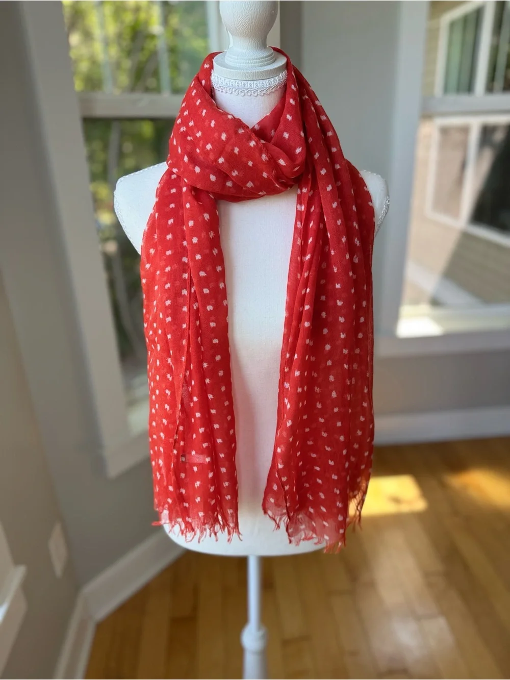 J. Crew Coral Red White Polka Dot Lightweight Rectangle Scarf with Fringe